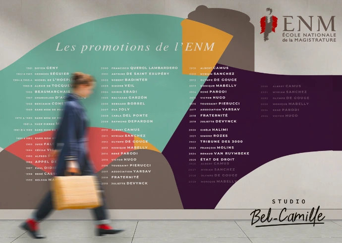 Signalétique, décoration d'un mur pour l'école de la magistrature à Bordeaux, studio bel-camille