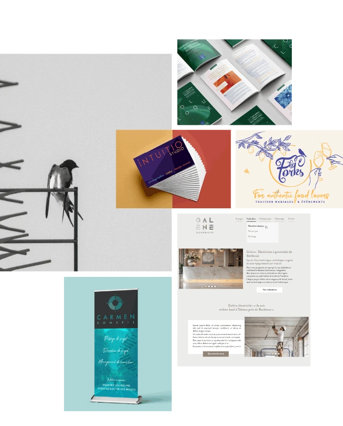 Visuels de projets du studio bel-camille, cartes de visite, édition, logotype, site web, roll-up