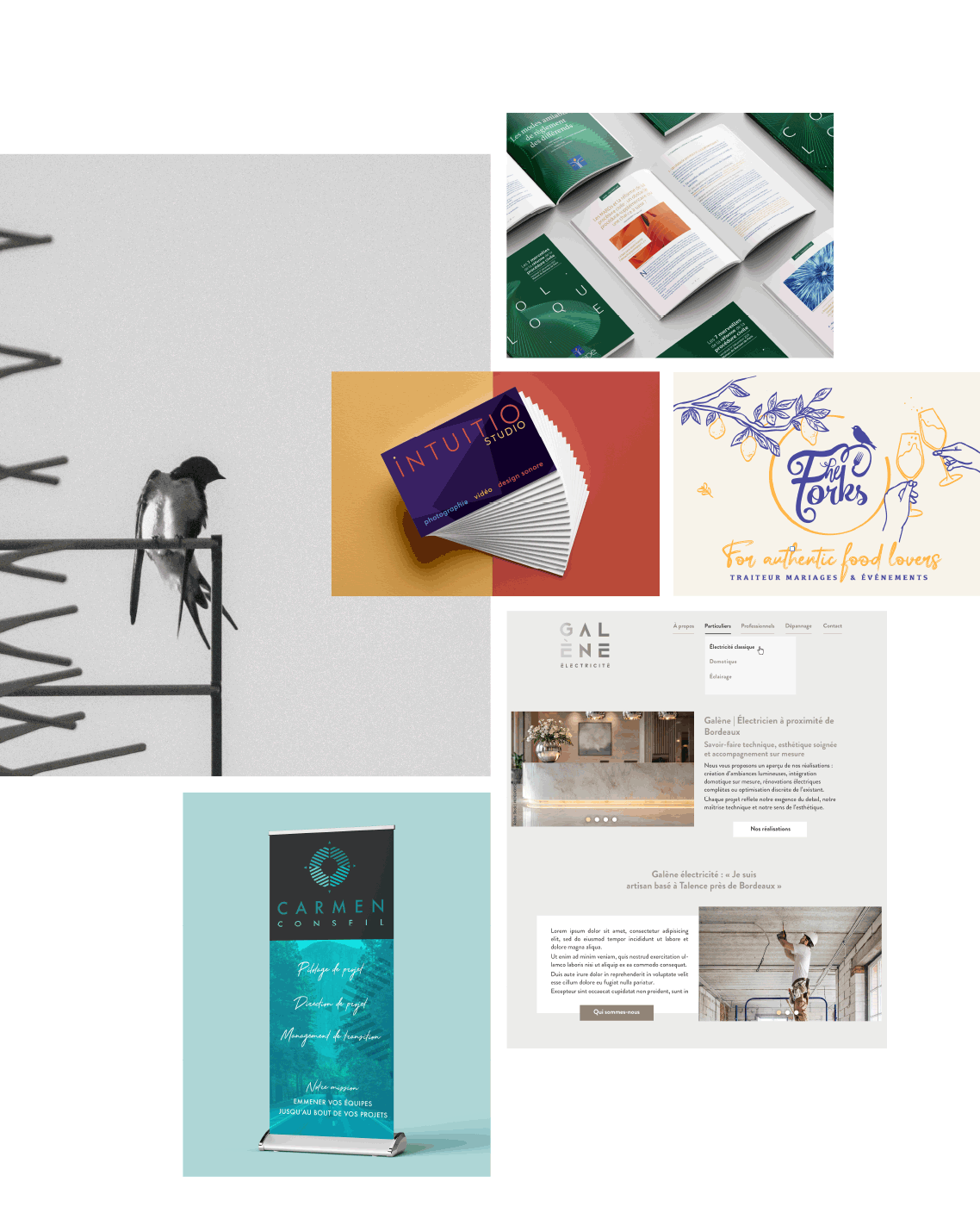 Visuels de projets du studio bel-camille, cartes de visite, édition, logotype, site web, roll-up